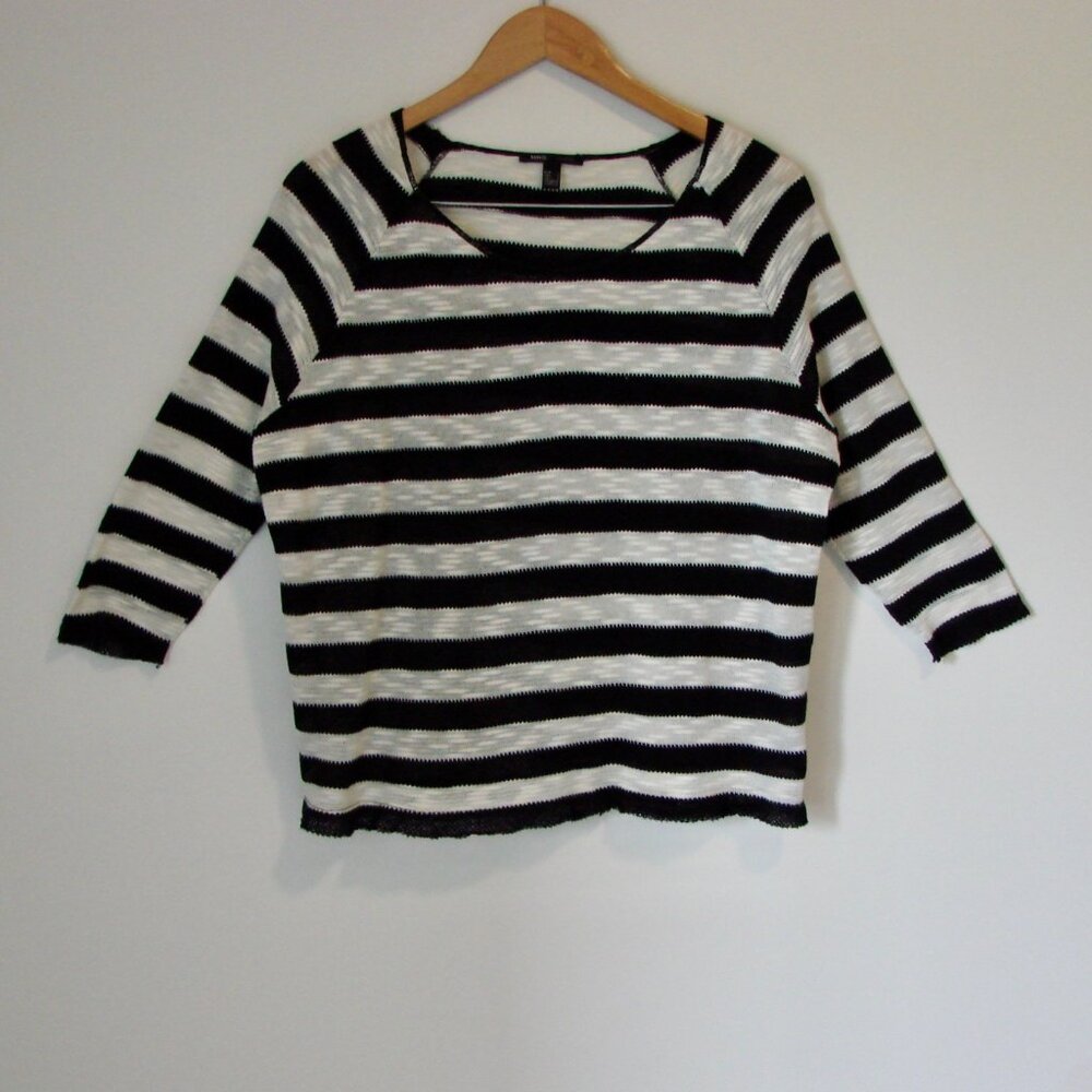 Black White Striped Knit Top Crewneck Boxy Lightweight MNG Mango Size Medium